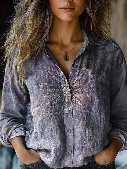 Indie | Women's Boho Print Long Sleeve Button-Up Blouse