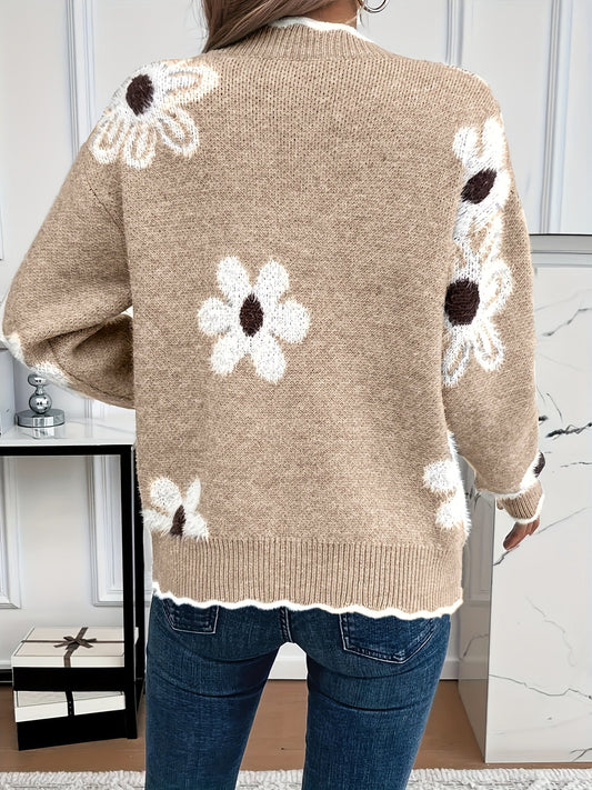 Araminta | Daisy Print Knit Sweater Scalloped Trim