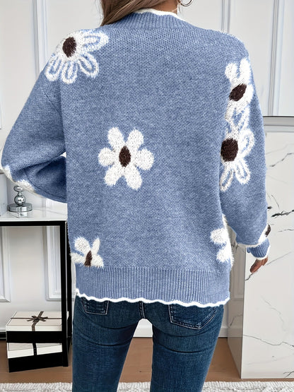 Araminta | Daisy Print Knit Sweater Scalloped Trim