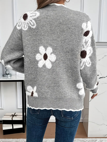 Araminta | Daisy Print Knit Sweater Scalloped Trim