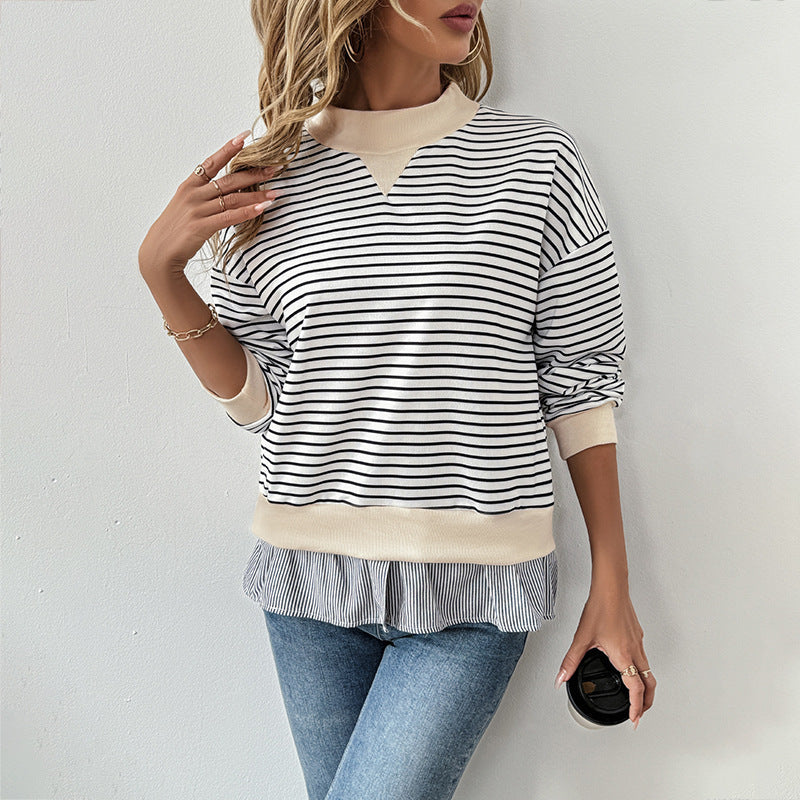 Iona | Striped Mock Neck Sweatshirt Ruffle Hem
