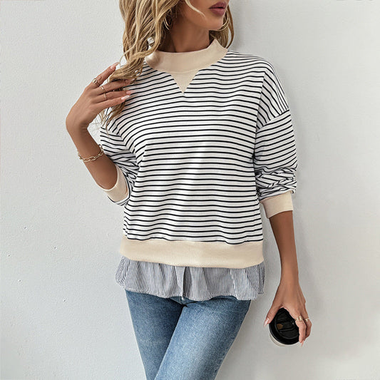 Iona | Striped Mock Neck Sweatshirt Ruffle Hem