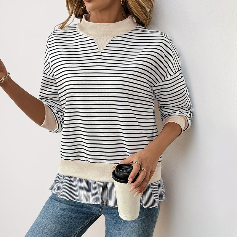 Iona | Striped Mock Neck Sweatshirt Ruffle Hem