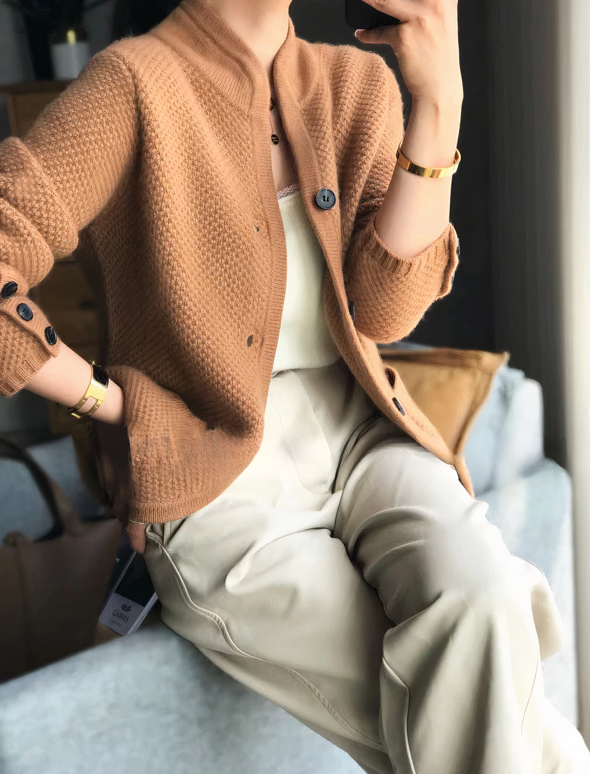 Delphine | Textured Basket Weave Knit Cardigan Pockets