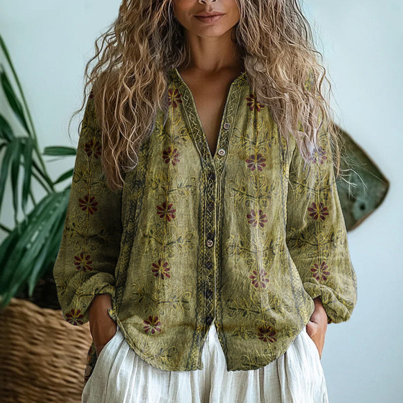Elise Laurent | Women's Botanical Print Linen Blouse