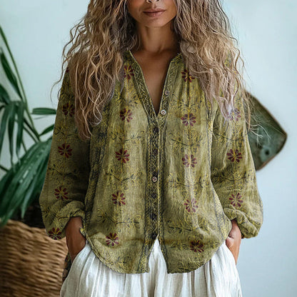 Elise Laurent | Women's Botanical Print Linen Blouse