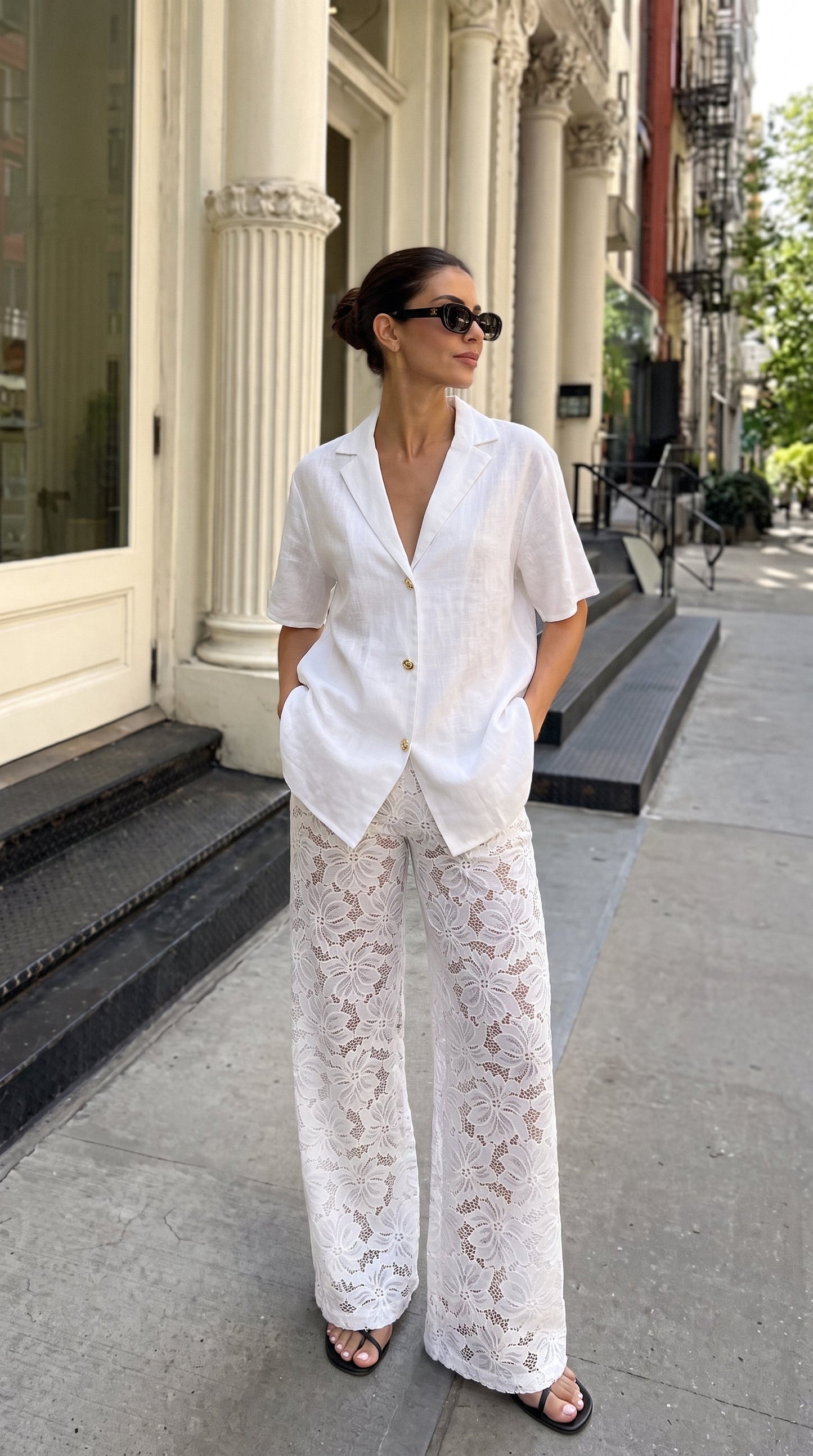 Quinn | Cotton V-Neck Set with Lace-Trim Pants