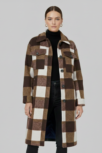 Odette | Women's Checked Woven Button Front Long Coat