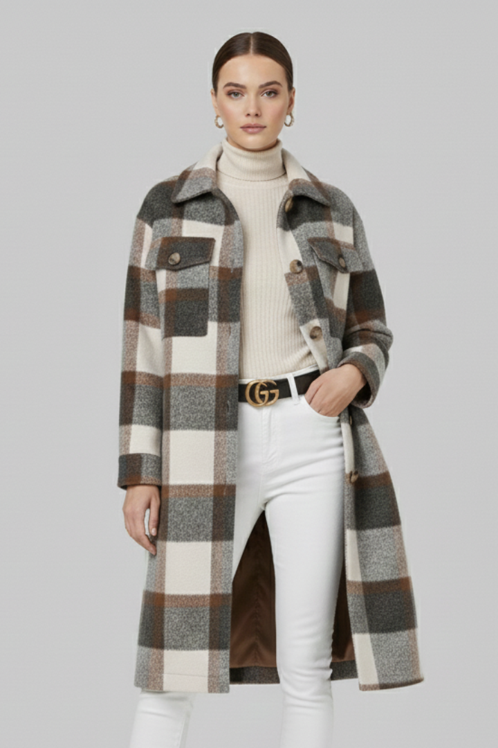 Odette | Women's Checked Woven Button Front Long Coat