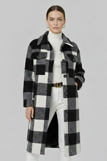 Odette | Women's Checked Woven Button Front Long Coat