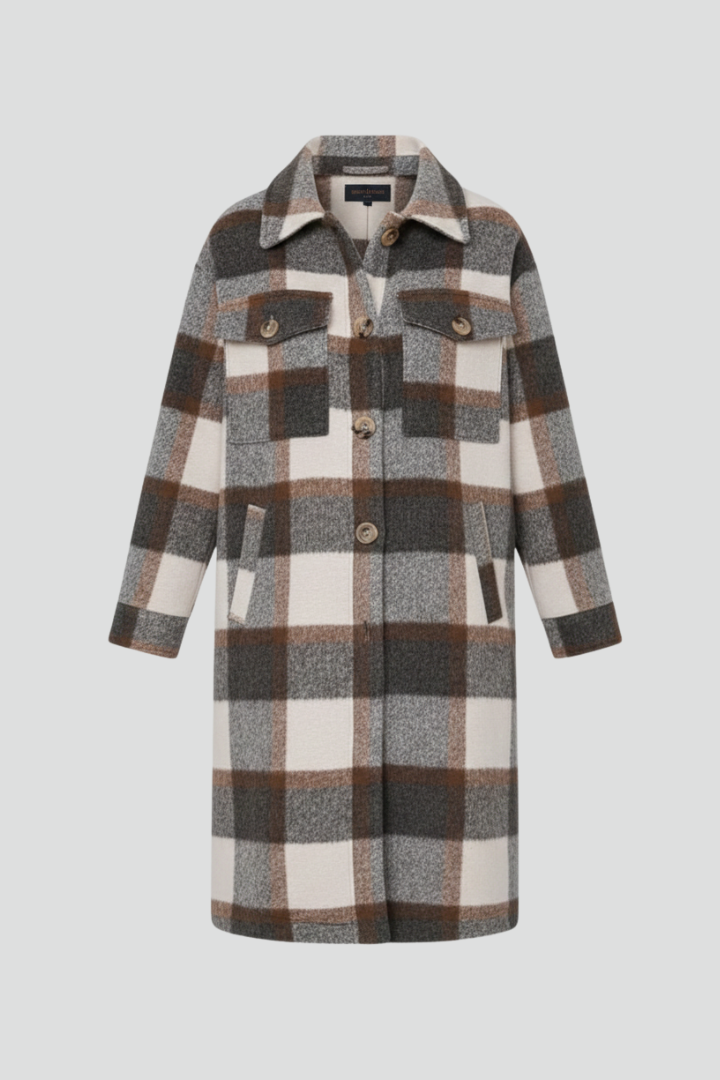 Odette | Women's Checked Woven Button Front Long Coat