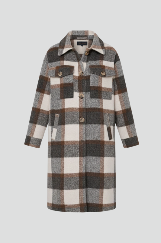 Odette | Women's Checked Woven Button Front Long Coat