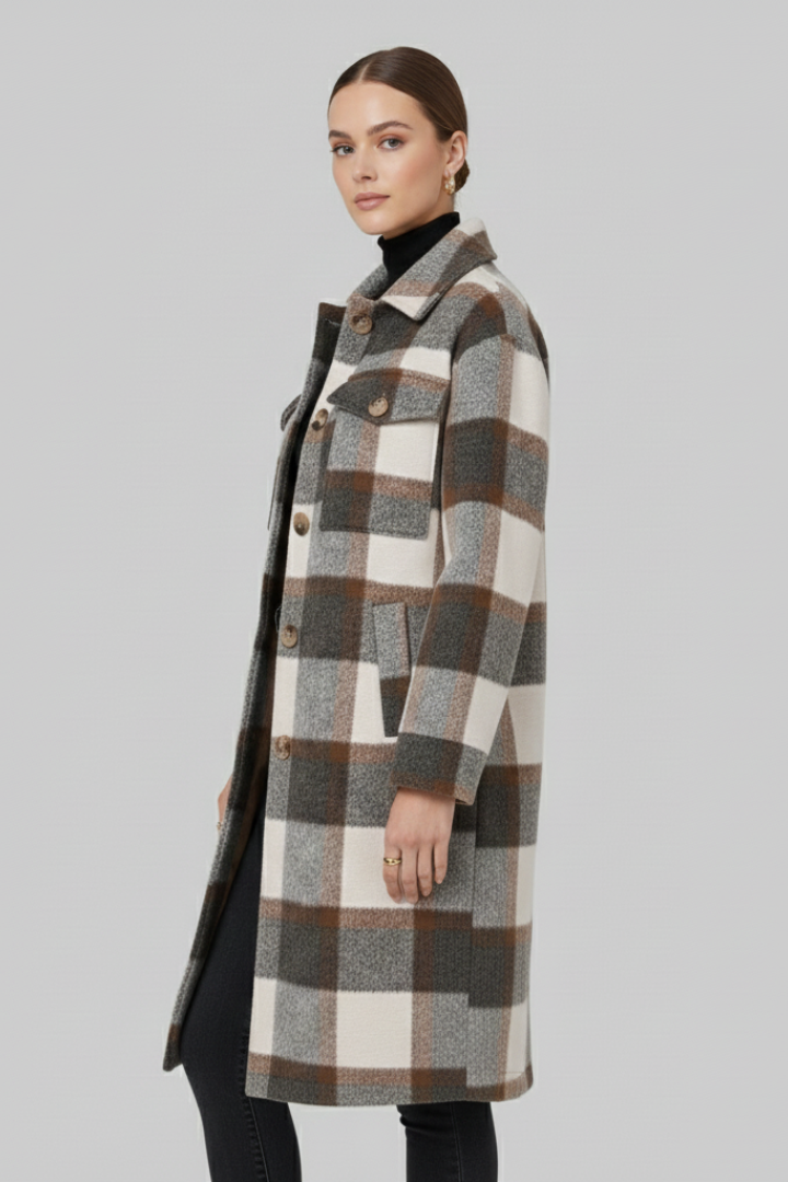 Odette | Women's Checked Woven Button Front Long Coat