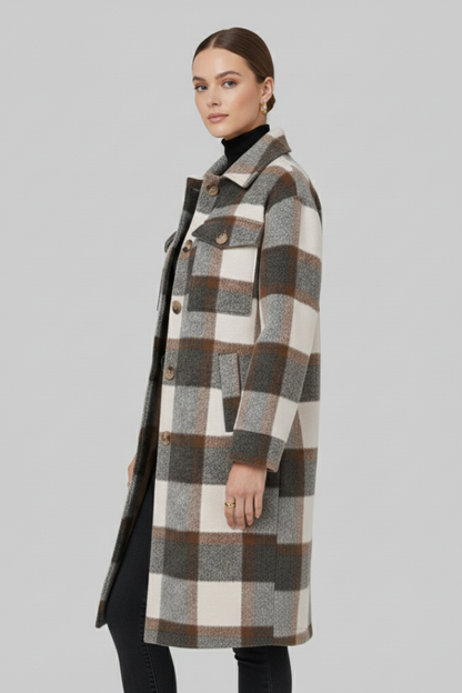 Odette | Women's Checked Woven Button Front Long Coat