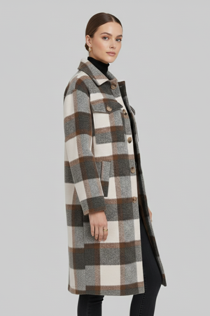 Odette | Women's Checked Woven Button Front Long Coat