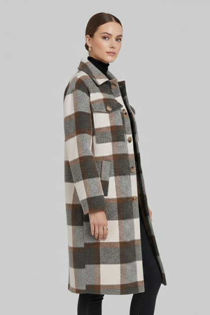 Odette | Women's Checked Woven Button Front Long Coat