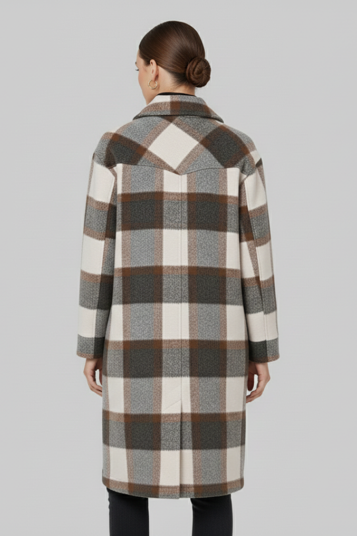 Odette | Women's Checked Woven Button Front Long Coat