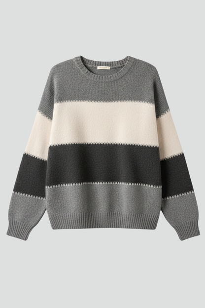 Sage | Women's Striped Round Neck Ribbed Trim Knit Sweater