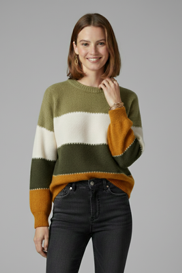 Sage | Women's Striped Round Neck Ribbed Trim Knit Sweater