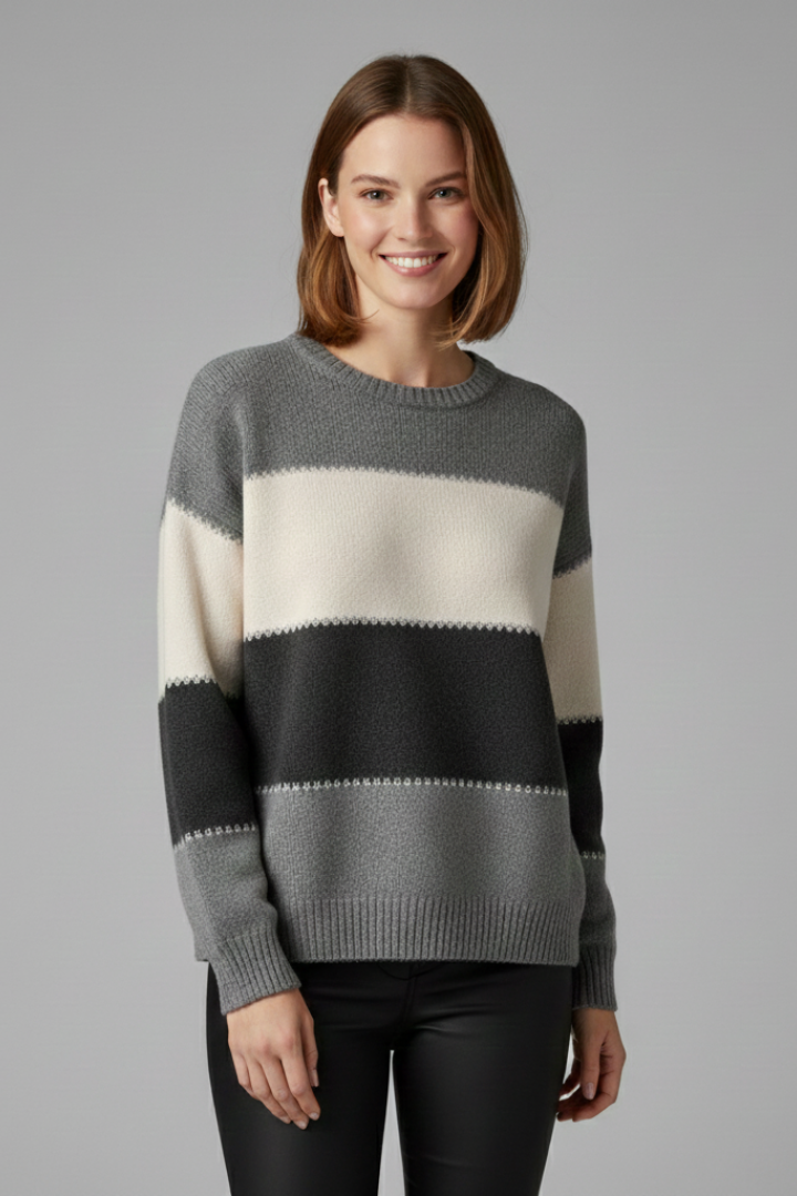 Sage | Women's Striped Round Neck Ribbed Trim Knit Sweater