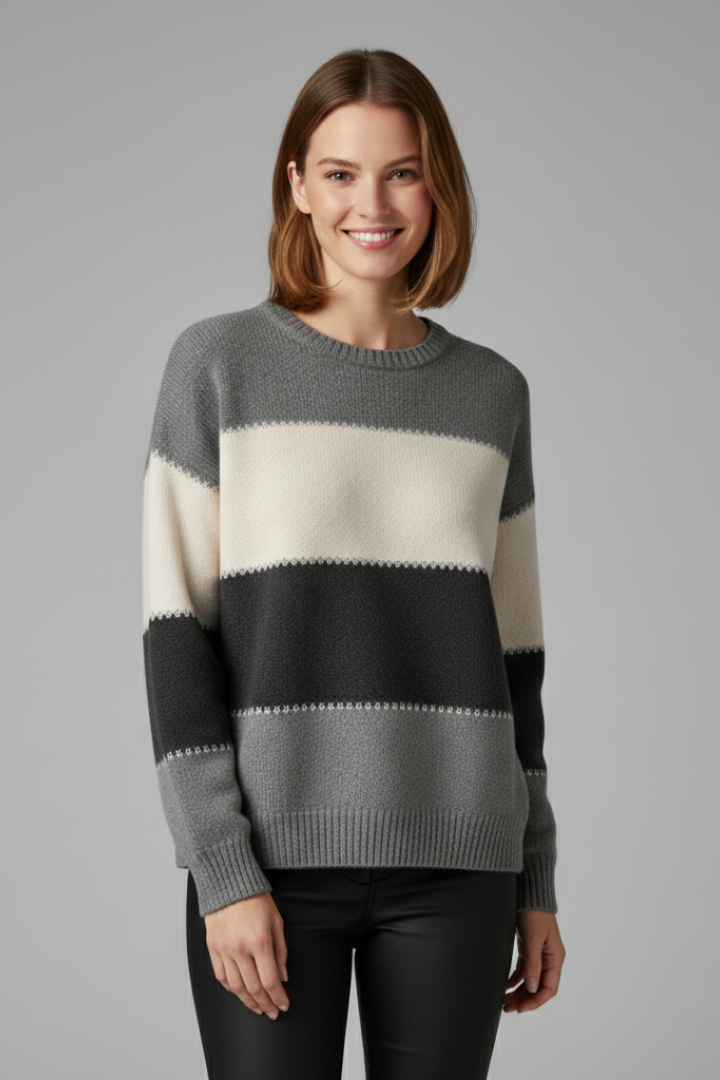 Sage | Women's Striped Round Neck Ribbed Trim Knit Sweater