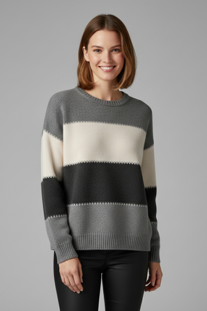 Sage | Women's Striped Round Neck Ribbed Trim Knit Sweater
