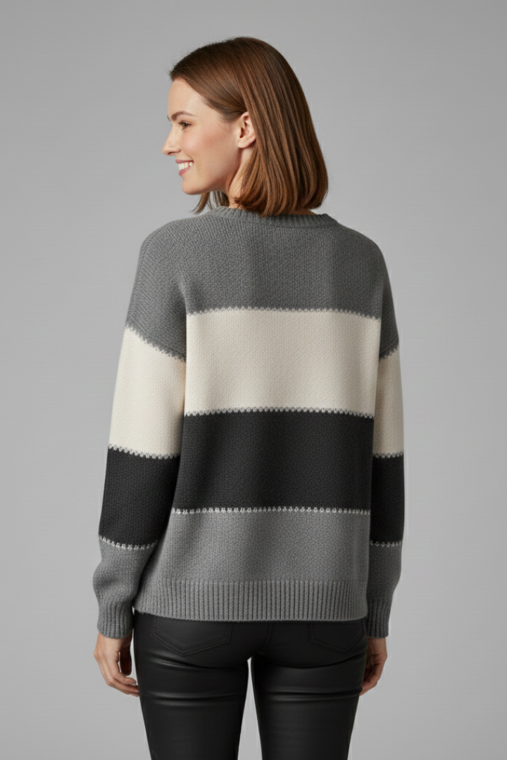 Sage | Women's Striped Round Neck Ribbed Trim Knit Sweater