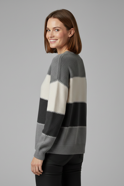 Sage | Women's Striped Round Neck Ribbed Trim Knit Sweater