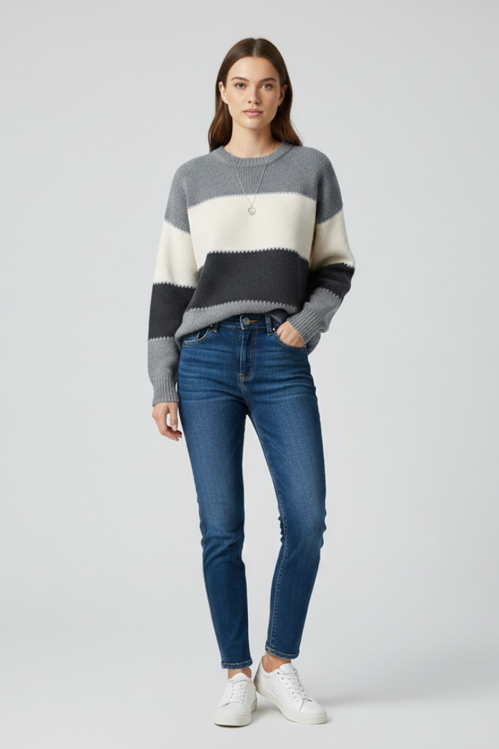 Beau | Women's Striped Relaxed Long Sleeve Knit Sweater