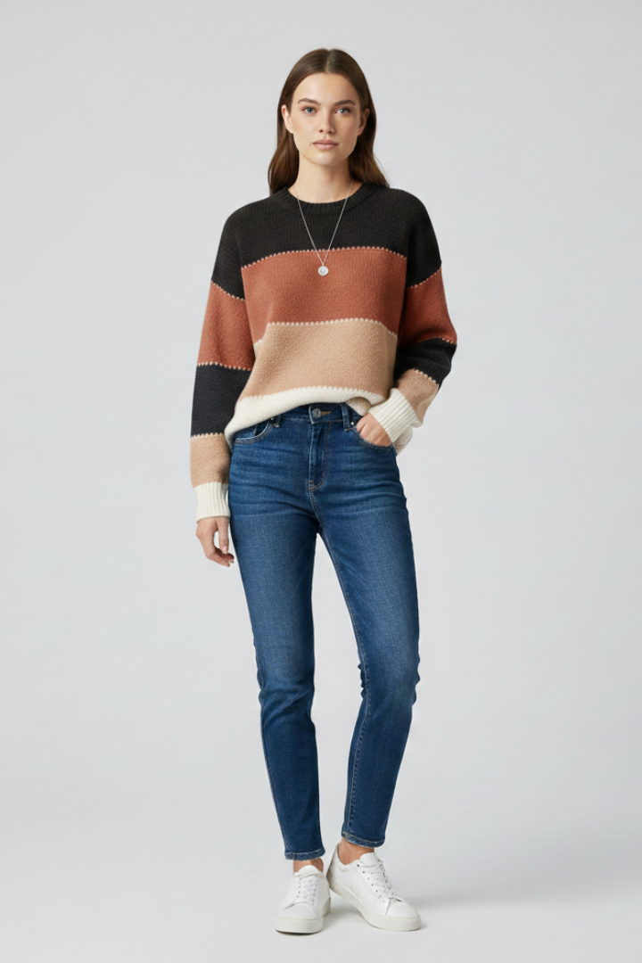 Beau | Women's Striped Relaxed Long Sleeve Knit Sweater