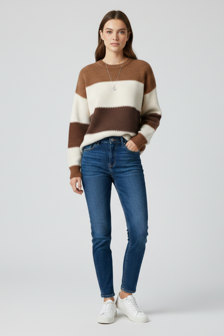 Beau | Women's Striped Relaxed Long Sleeve Knit Sweater
