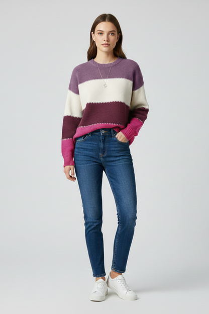 Beau | Women's Striped Relaxed Long Sleeve Knit Sweater