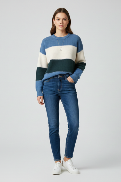 Beau | Women's Striped Relaxed Long Sleeve Knit Sweater