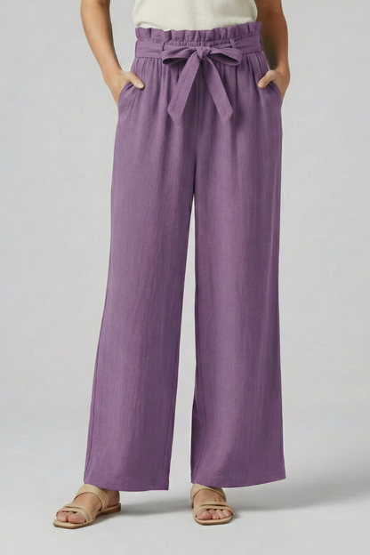 Eden | Women's Elastic Waist Tie Belt Wide Leg Trousers