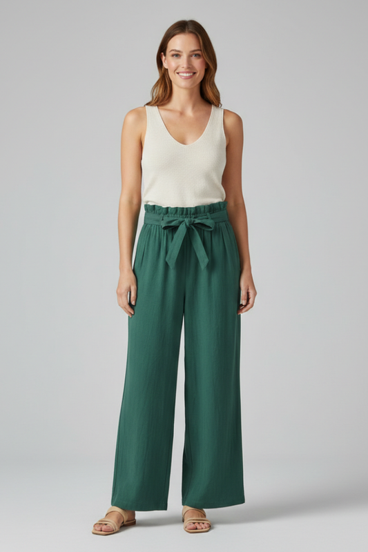 Eden | Women's Elastic Waist Tie Belt Wide Leg Trousers