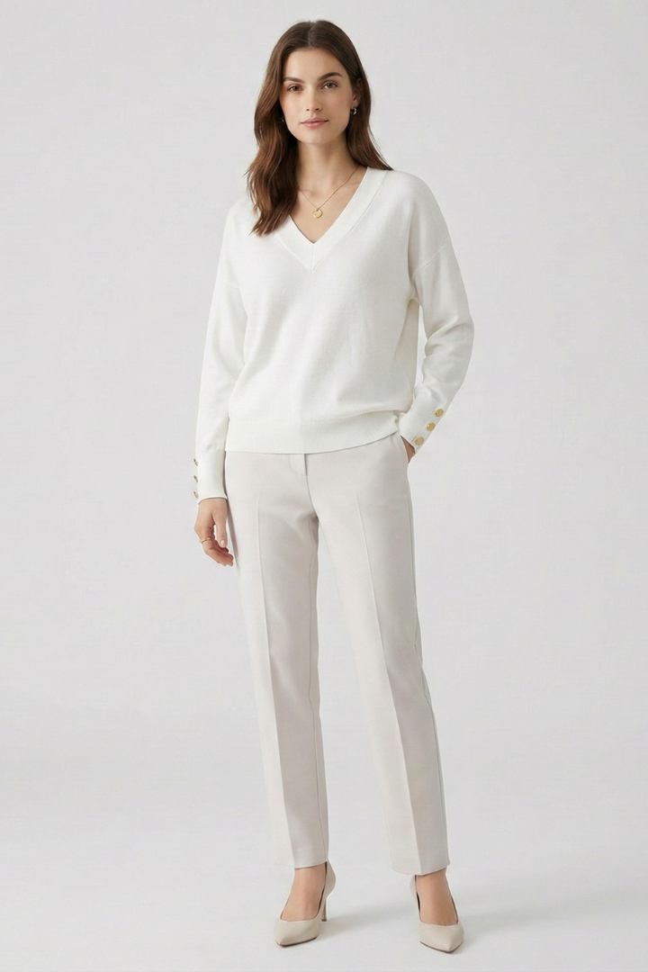 Cleo | Women's V-Neck Dropped Shoulder Buttoned Cuff Sweater