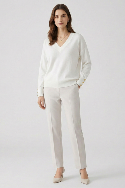 Cleo | Women's V-Neck Dropped Shoulder Buttoned Cuff Sweater