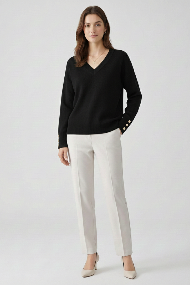 Cleo | Women's V-Neck Dropped Shoulder Buttoned Cuff Sweater