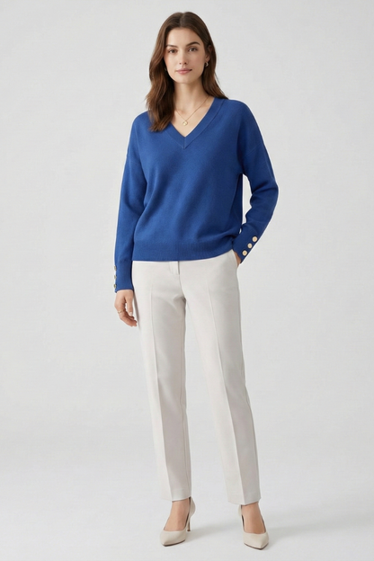 Cleo | Women's V-Neck Dropped Shoulder Buttoned Cuff Sweater
