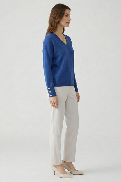 Cleo | Women's V-Neck Dropped Shoulder Buttoned Cuff Sweater