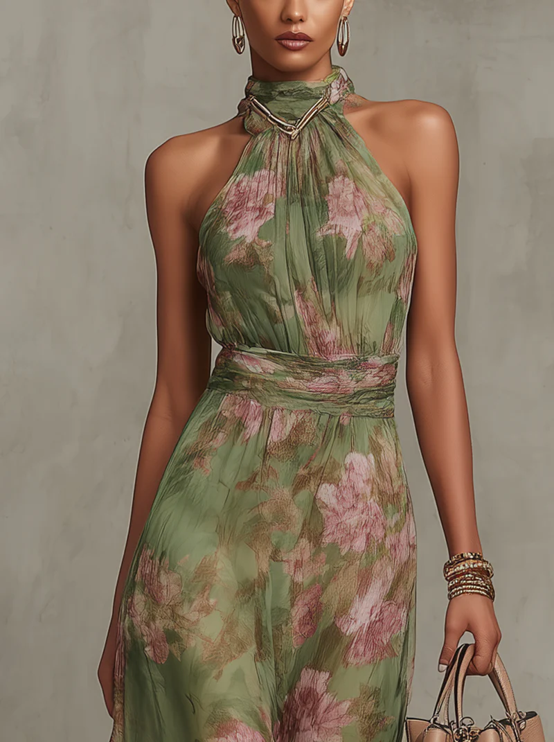 Haltova | Printed Halterneck Flowing Occasion Maxi Dress