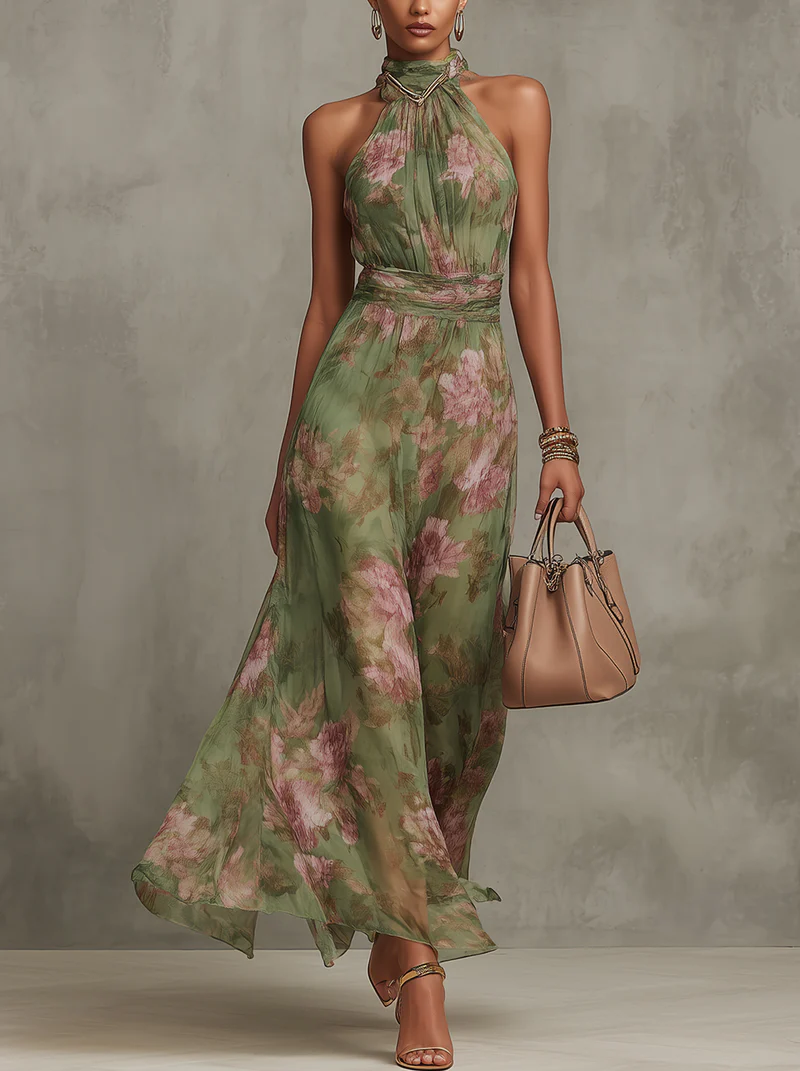 Haltova | Printed Halterneck Flowing Occasion Maxi Dress