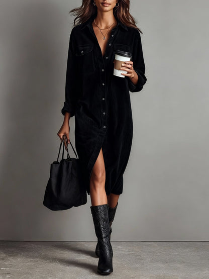 Lior | Corduroy Long-Sleeve Midi Shirt Dress