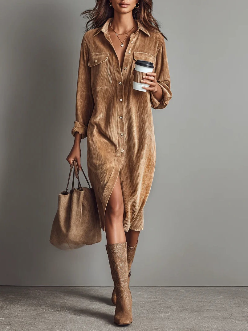 Lior | Corduroy Long-Sleeve Midi Shirt Dress