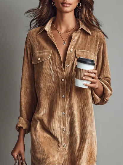 Lior | Corduroy Long-Sleeve Midi Shirt Dress