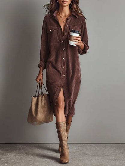 Lior | Corduroy Long-Sleeve Midi Shirt Dress