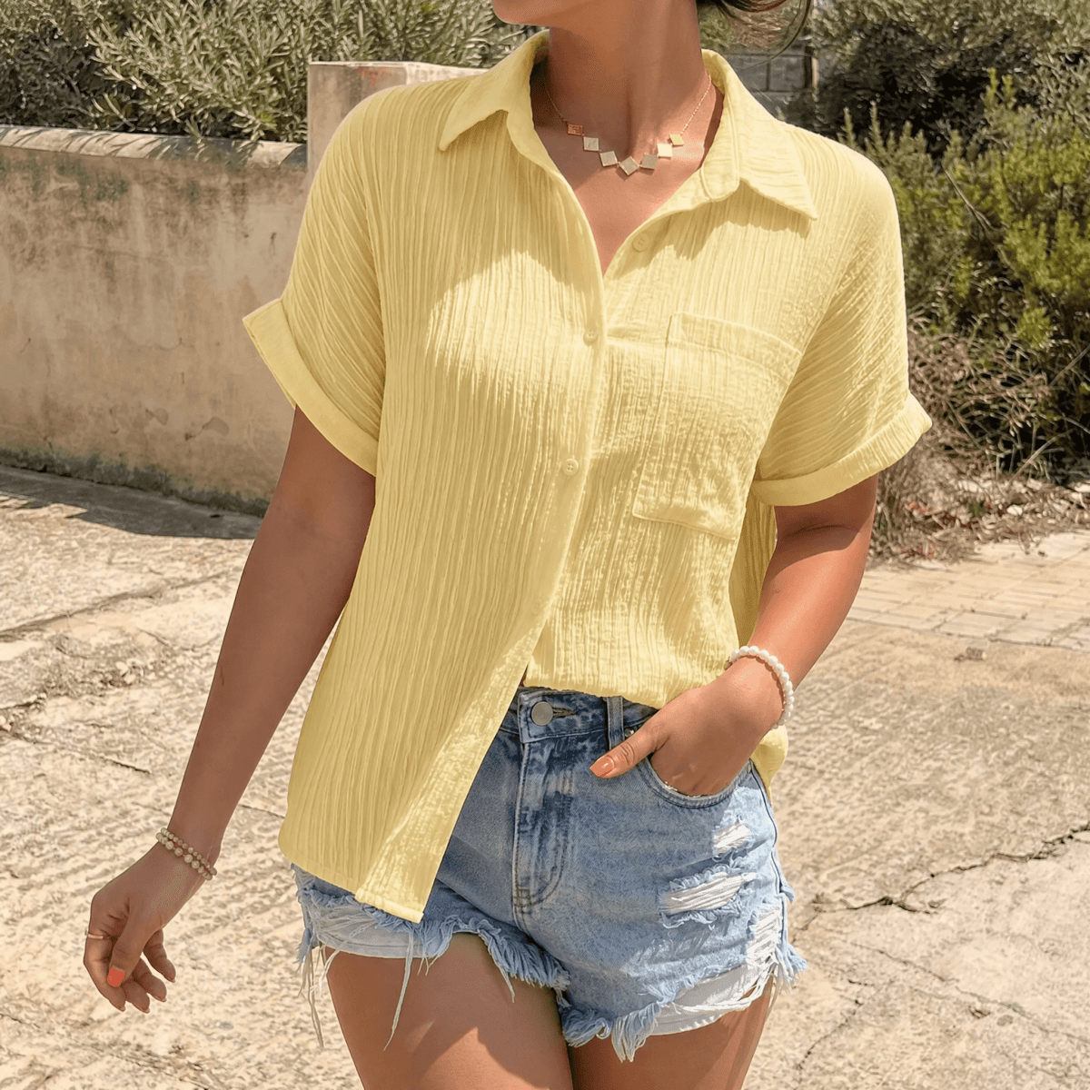 Aldara | Crinkle Texture Short Sleeve Blouse