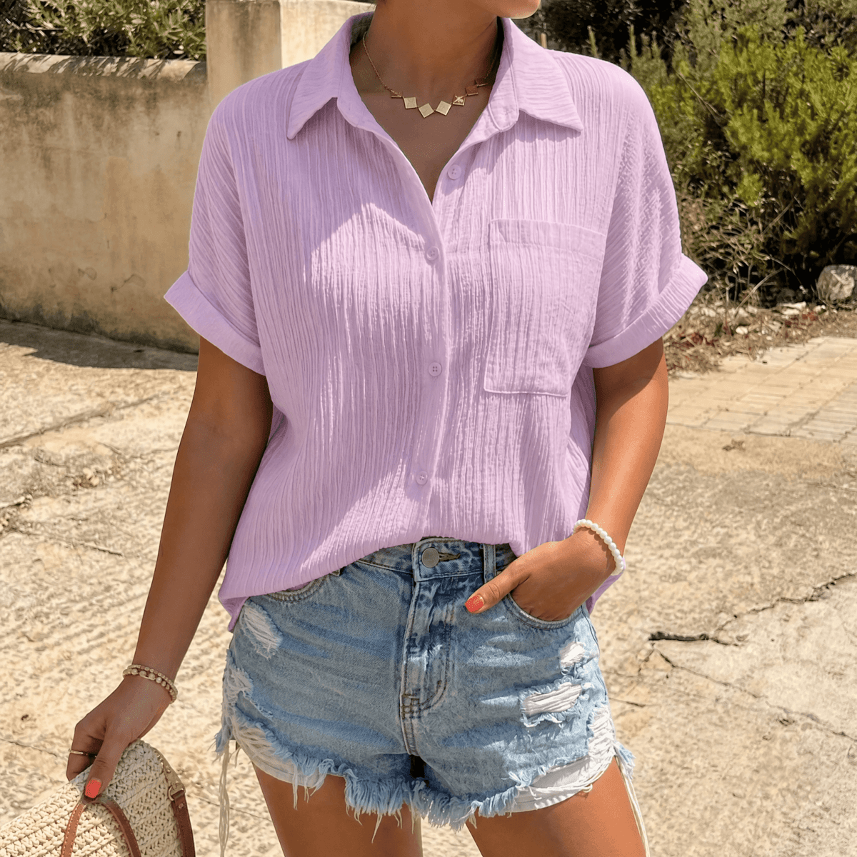 Aldara | Crinkle Texture Short Sleeve Blouse