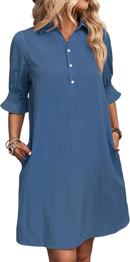 Irina | Collared Ruffle Sleeve Relaxed Shirt Dress