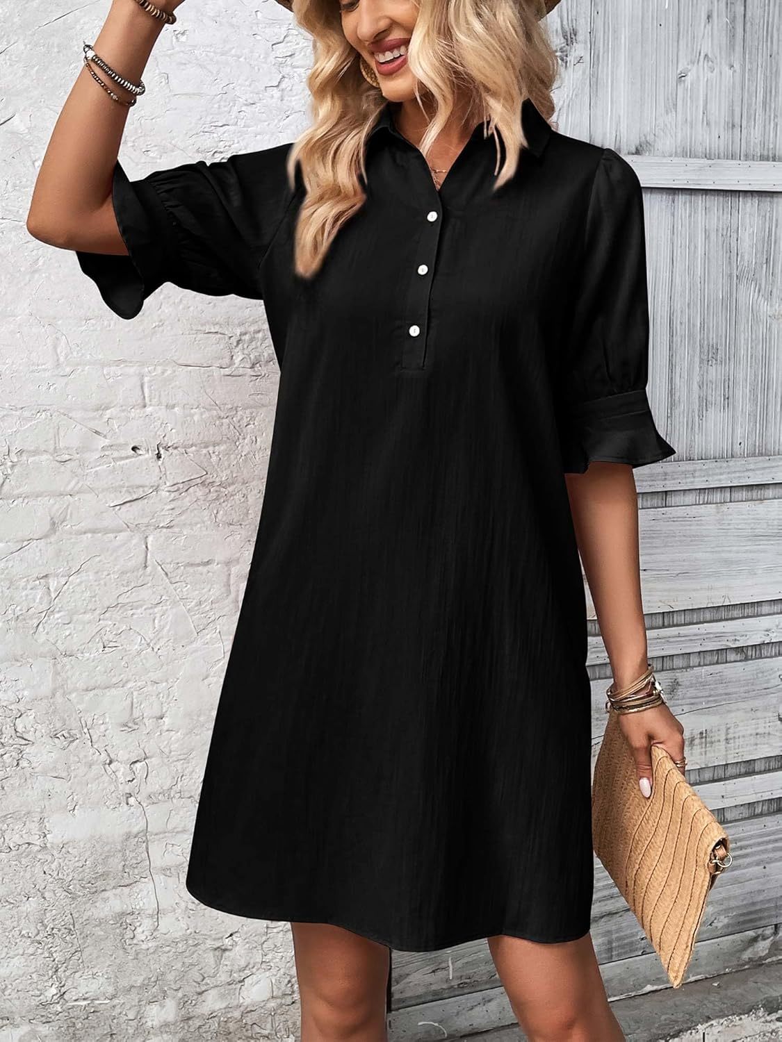 Irina | Collared Ruffle Sleeve Relaxed Shirt Dress
